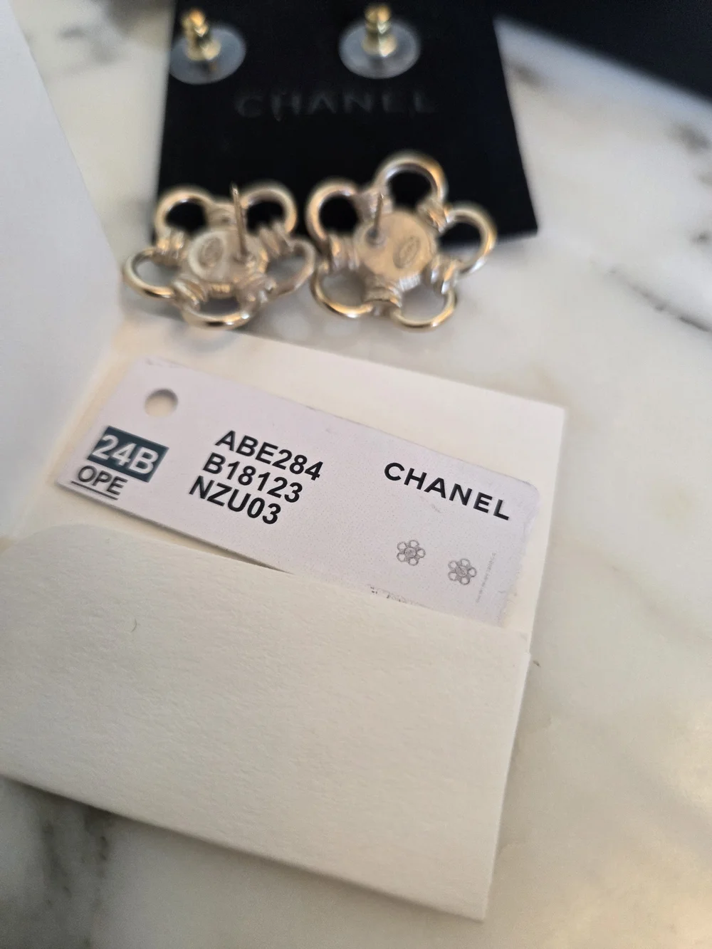 CHANEL Pink Camellia Logo Gold-Tone Stud Earrings Opalesque Swirl Statement Stud - Picture 15 of 15